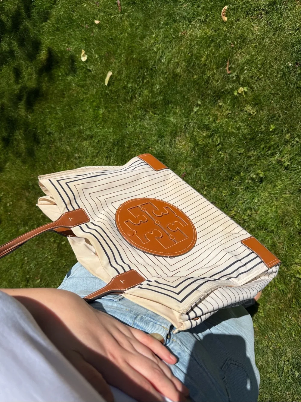 Tory Burch Cream Stripe Ella Print Tote with Tan Leather Trim - Large